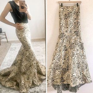 La Femme Mermaid High Waist Evening Gown Prom Dress Skirt Gold Black Rose Size 0